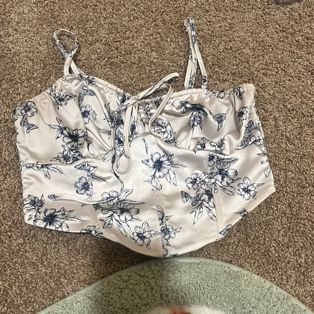 White silk blouse with blue flowers and corset boning